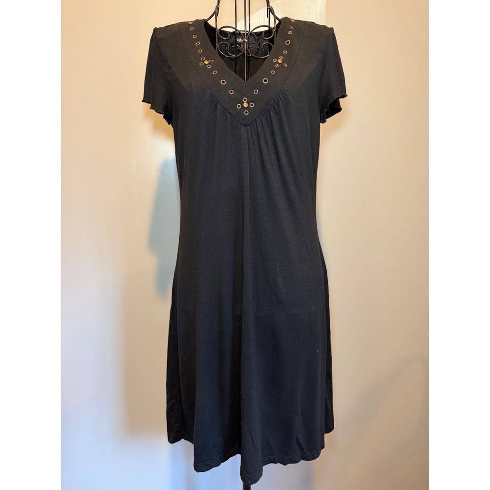 Style & Co Black Grommet V-Neck Short Sleeve T-Shirt Dress Womens Med Brass Stud